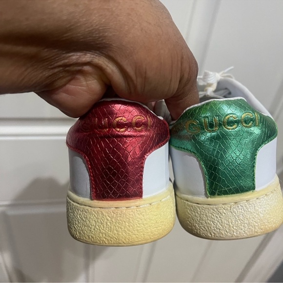 Gucci White Leather Sneakers with Green & Red Stripe and Gold Tiger Patch Sz 7.5 - Picture 8 of 16